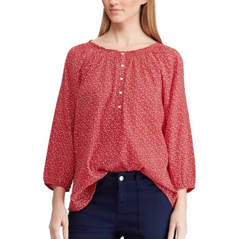 Red with White Floral Blouse